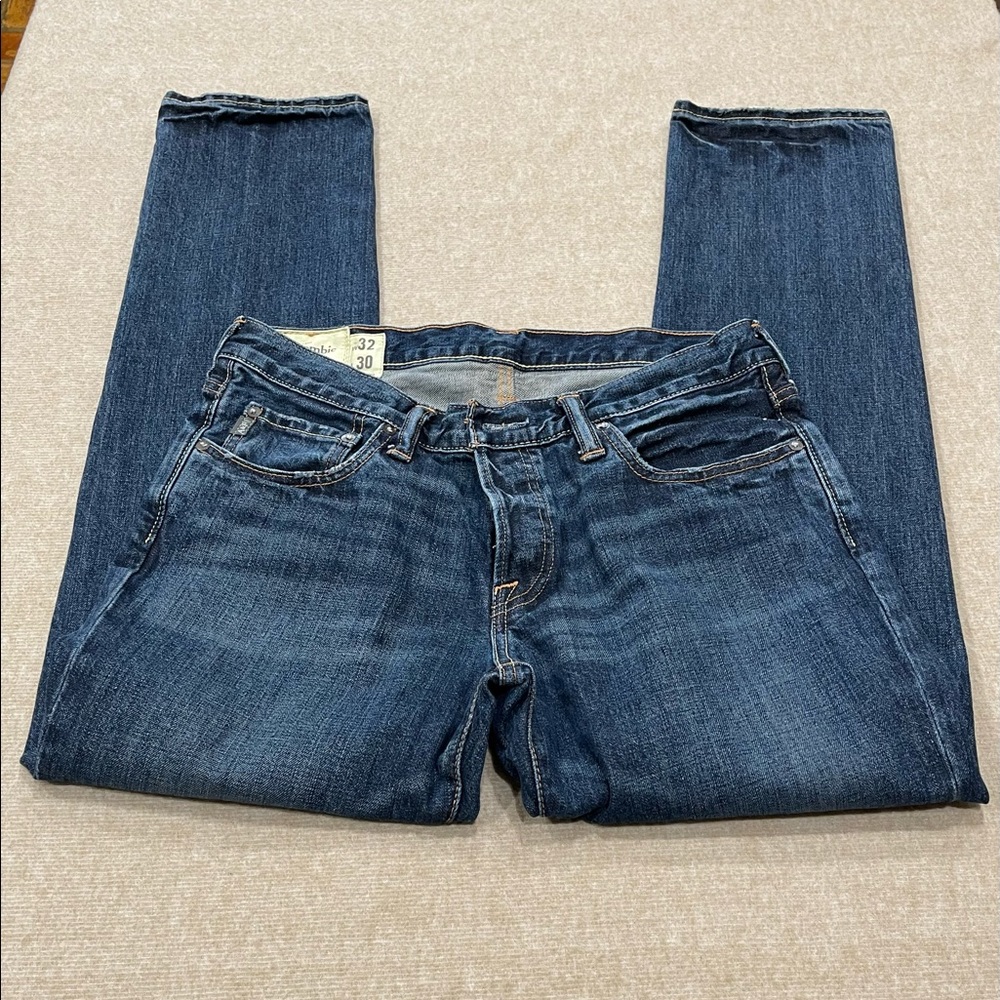Abercrombie & Fitch Medium Wash Straight Leg Button Fly Denim Blue Jeans Men Boy - Picture 7 of 13
